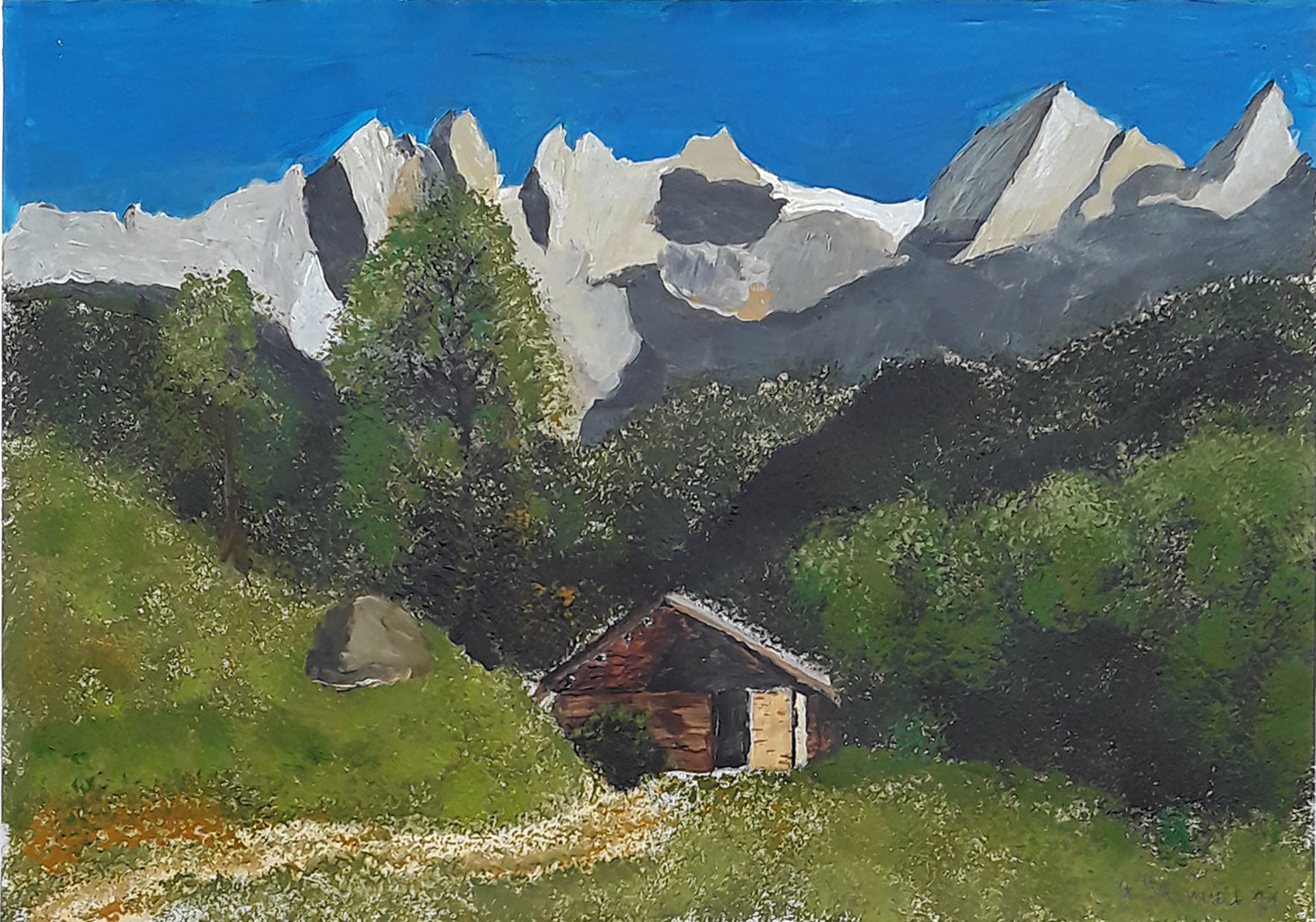 Gemälde von Annemarie Schmidt 2021 - Hütte im Engadin