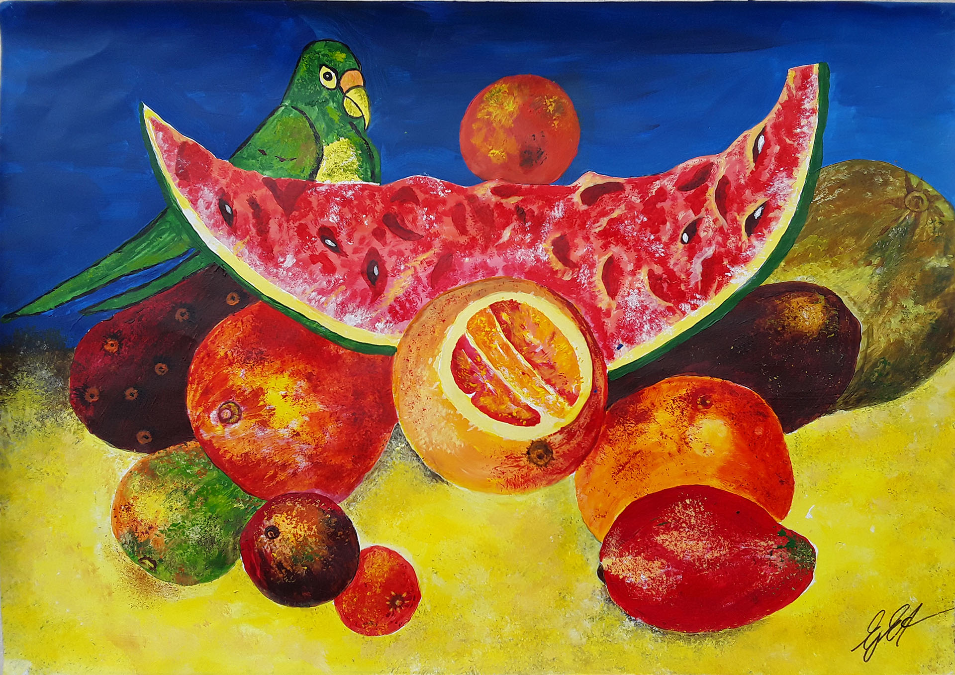 Gemälde von Elisabeth Gaggermeier 2022 - Früchte mit Papagei